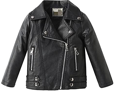 Lengender Abrigo Niñas Chaqueta de Piel Sintética Chaqueta Biker Imitación Cuero Primavera Otoño 2-9 Años (Negro, 150)