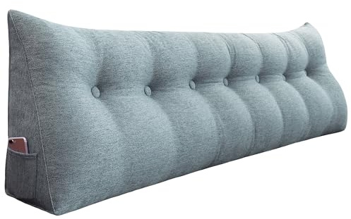 Rucener 14 lbs Thickened Headboard Pillow Wedge Pillow Headboard Reading Pillow Bed for Backrest Reading Triangular Pillow with Side Pocket for Sitting in Bed Cotton Linen Gray King