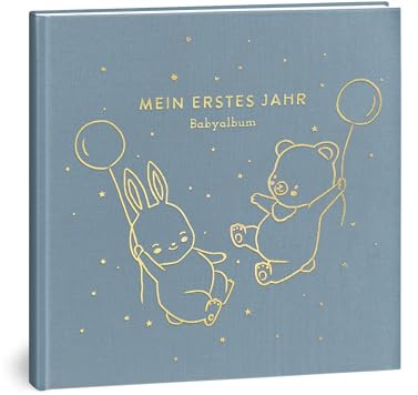 Mein erstes Jahr Babyalbum - Hochwertiges Leinenbuch mit Goldprägung für die schönsten Erinnerungen - Babybuch zum Eintragen für das erste Lebensjahr - Baby Geschenk zur Geburt (Luftballons Blau)