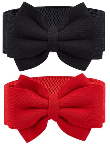 CRASPIRE 2 Colori Cinture Elastiche con Fiocco Nero Rosso Fiocco di Stoffa Ampio Elasticizzato Fusciacca Cravatta Elastica Catena Cintura in Vita Fascia Vintage per Donna Signore Matrimonio Trench