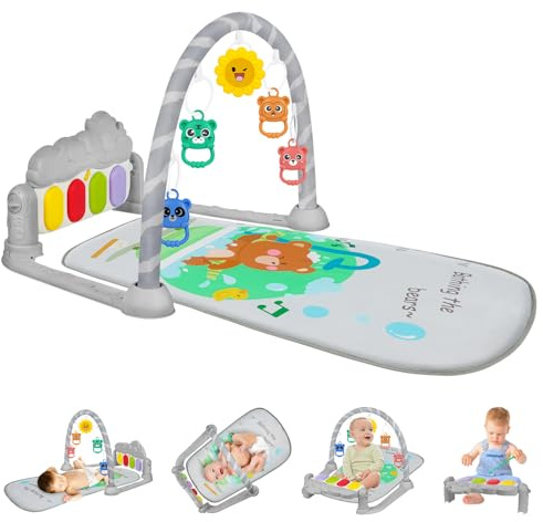 AOMIG Baby Play Mat, Baby Piano Gym with Music and Lights, Play Mat with Detachable Activity Toys, Early Development Activity Baby Play Mat Toy Gift for Babies