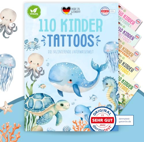MeinBaby123 110 hautfreundliche Kinder Tattoos Unterwasserwelt, Tattoos, Meerestiere, Wal, Delfin Tattoo Kinder, Kindertattoos zum Aufkleben, vegan & made in Germany (1x Unterwasserwelt)