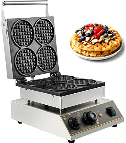 Stainless Steel Nonstick Electric Waffle Maker - 4pcs Commercial Round Waffle Maker with Temperature and Time Control for Restaurant and Family