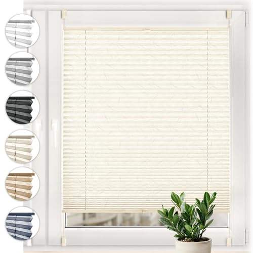 Sonello Plissee Crush Klemmfix ohne Bohren 75cm x 100cm Ecru Faltrollo Plisseerollo Jalousie für Tür & Fenster Blickdicht Sichtschutz Sonnenschutz Fertifplissee Rollo