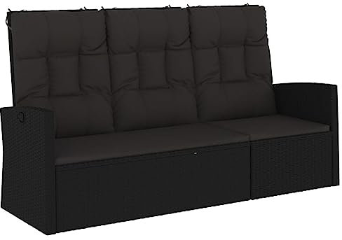 ULUYYUC Balkon Sitzbank Bierbank Bierzeltgarnitur Klein Picknickbank - Gartenbank mit Liegefunktion & Kissen Schwarz 173cm Poly Rattan für Garten Parks Terrasse Innenhof