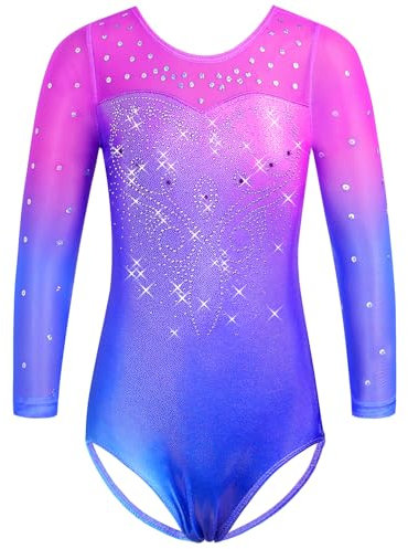 HUAANIUE Mädchen Turnanzug 3-14 Jahre, klassische Gymnastikanzüge ohne Ärmel & 3/4-Ärmel, Strasssteine, Farbverläufe, elastisch & bequem, ideal für Tanz & Ballett (B398-Blau Lila, 5-6 Jahre)