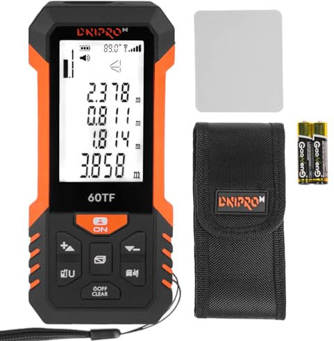 Dnipro-M Medidor Laser Profesional 60TF, Telemetro Laser de Distancia con Pantalla LCD Retroiluminada, Cálculo de Distancia, Área, Volumen, Pitágoras, IP54, 0.15-60 m, Metro Láser con 2 Baterías AAA