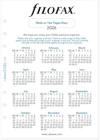 Filofax Calendar Diary Refill, A5 Size, Week-to-View, White Paper, Unruled, English, 2026 (C68522R-26)