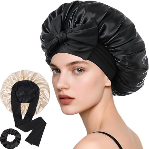 Loomify Satin Sovmössa för Kvinnor, Justerbar Dubbelsidig Satängbonnet med Scrunchie för Hårvård (Svart/Champagne)