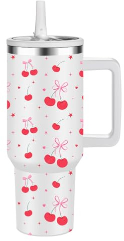 FOLAI Eco-Friendly Insulated Water Bottle,100% Leakproof Stainless Steel Travel Mug Water Tumbler,40 Oz Vacuum Insulated Cup with Handle and Straw Lid,Dishwasher Safe,Gifts for Women(Sweet Cherry)