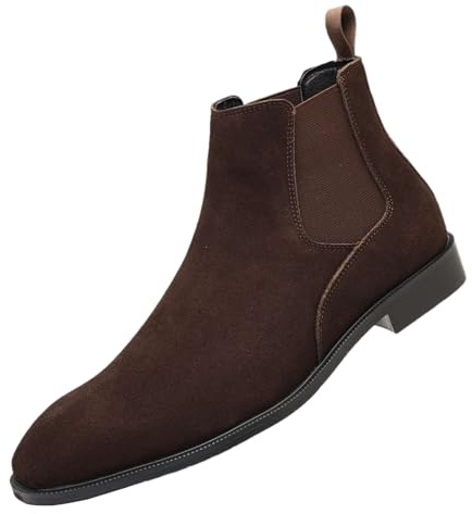 ANUFER Hombres Vacuno Cuero de Ante Botas Chelsea Punta Cuadrado Slip On Vestido Botines de Tobillo Café SN0711231 EU39
