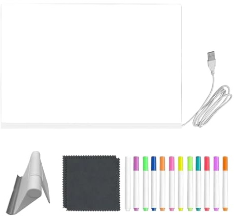 LED-anteckningstavla 30 x 20 cm med 12 färgpennor justerbar vikningsstativ, radering, lyser akryl reklam, rittavla, meddelande, markörtavlor med för kontor, skola,