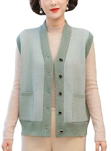 Gilet In Maglia Da Donna Anziana con Bottoni Cardigan Senza Maniche Lavorato A Maglia con Scollo A V per Donna Anziana Di Mezza Età Maglione A Spina Di Pesce Cappotto Da Nonna con Tasche Verde Xs