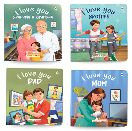 Story Books for Kids (Set of 4 Books) - I Love You Mom, Dad, Brother, Grandma and Grandpa - Illustrated Board Books - Age 0-2 Years