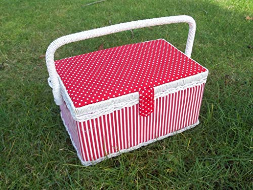 Nähkästchen, Nähkorb, Handarbeitskorb - Korbhaus Gesthüsen: Rot, Geflochten, Rechteckig, Holz, Korb und Stoffmaterialien