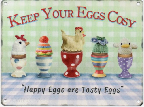 Keep Your Eggs Cosy, Metal Sign, 'Happy Eggs are Tasty Eggs', Retro Sign