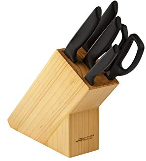 ARCOS Juego de Cocina de 5 Piezas: 4 Cuchillos + Tijeras en Bloque de Madera. Set de Cuchillos ocn Hoja de Acero Inoxidable y Mango de Polipropileno. Serie Niza. Color Negro