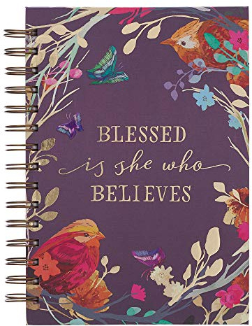 WITH LOVE Inspirational Spiral Journal Notebook for Women Blessed Is She Who Believes Birds/Floral Eggplant Wire Bound w/192 Ruled Pages, Large Hardcover
