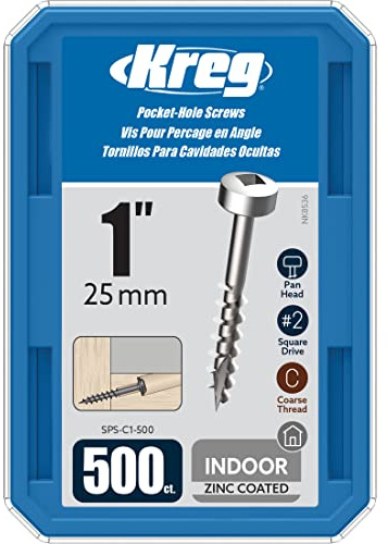 Kreg Zinc Pocket-Hole Screws - SPS-C1-500 - 1-Inch - Coarse Thread - Pan Head - Indoor - 500 Count