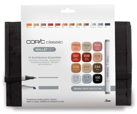 COPIC Classic Set Architektur Farben, 12er Set im Wallet, Twin Marker mit einer mittelbreiten und einer feinen Spitze