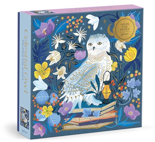 Galison Celestial Owl – 500 Piece Foil Jigsaw Puzzle Featuring Charming Artwork of A Owl Perched On Books Under The Moonlight
