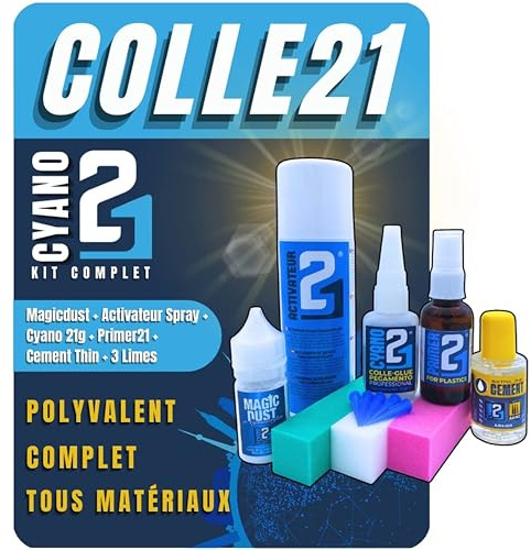 KIT COMPLET Multi-Usage Super Glue Colle21 – Colle Cyano 21g, MagicDust21, Primer, Cement, Activateur, Limes – Pour Modélisme et Bricolage