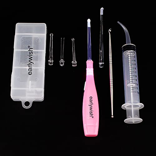 Earlywish Tonsil Stone Removing Tool LED Light, Pink, 3 conseils + 1 en acier inoxydable Tonsillolith Pick + 1 Irrigation Syringe Oral Clean