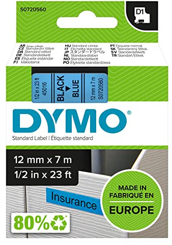 DYMO Original D1-Etikettenband | schwarz auf blau | 12 mm x 7 m | selbstklebendes Schriftband | für LabelManager-Beschriftungsgerät