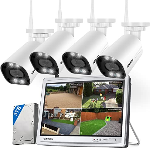 SANSCO 4MP Dual Lens CCTV WiFi Security Camera System, with 12 Monitor, 1TB HDD, 16CH NVR, 4x PTZ Outdoor WiFi Camera, Auto Tracking, Color Night Vision, 2-Way Audio, 24/7 Recording