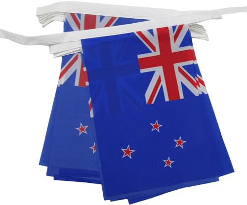 AZ FLAG Wimpelkette Neuseeland 4 m 20 Flaggen Leichtes Polyester 15x10 cm | Für innen und außen Neuseeländische Flaggenkette New Zealand Flaggen auf verstärktem Band vernäht