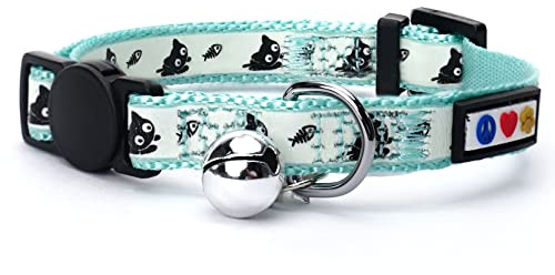 Pawtitas Glow in the Dark Cat Collar with Breakaway Safety Buckle & Bell Adjustable Kitten Collar, Teal