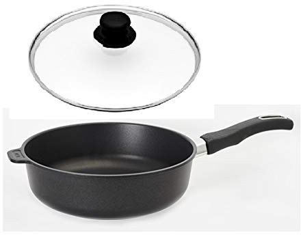 Gundel Poêle à frire en fonte à induction – Hauteur – Ø 20 cm – Hauteur 7 cm – Avec couvercle en verre avec bouton de couvercle (ventilé) et poignée amovible, surface Biotoan, fond thermo-batterie