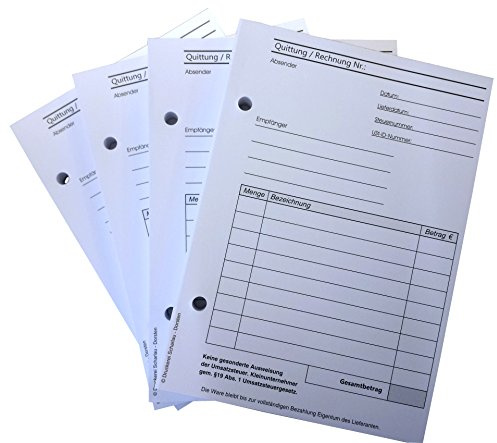 Druckerei Scharlau 8x Block Quittung für Kleinunternehmer nach §19 - nicht durchschreibend - 100 Blatt DIN A6 Hochformat - gelocht - (22421) - Weiß - Klassisch