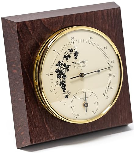 Fischer 1225HT-22, Weinkeller-Hygrothermometer, Thermo-Hygrometer | rechteckiger Feuchtemesser und Thermometer 140x, Messbereich 0-90 % r. F. und -10-50 °C, 140mm Durchmesser, Made in Germany