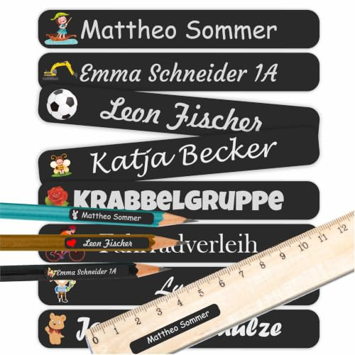 INDIGOS UG - Namensaufkleber Kinder Schule schwarz - 60 Sticker - 5 x 1,5cm - Namensschilder personalisiert für KITA, Kindergarten - Aufkleber selbst gestalten - Stifte, Hefte, Federmappe