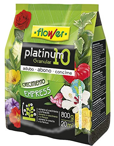 Flower - Abono Granulado Platinum 10 | Crecimiento Express | Aumenta Crecimiento y Floración | Para 20 m2 | Contiene Algas Marinas | Abono Sólido, Tamaño 16x5.5x23.5 cm, 800 gr