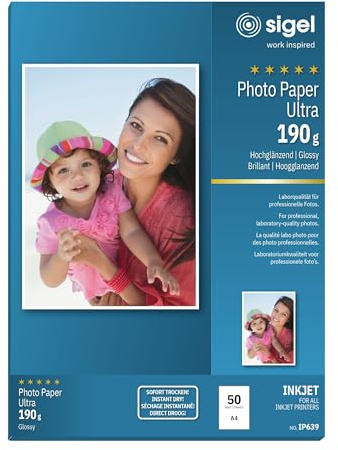 SIGEL InkJet Fotopapier Ultra A4 190 g hochglänzend 50 Blatt | IP639, extrem lichtbeständig für hochwertige Fotodrucke