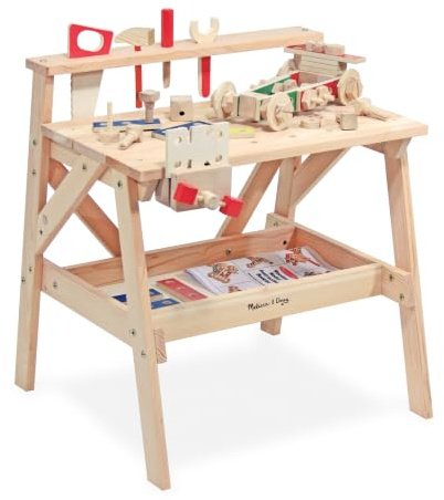 Melissa & Doug Solid Wood Project Workbench Play Set Red Wooden Toy | pretend play workbench set, includes tool accessories, encourages role play and creativity, suitable for age 3 years
