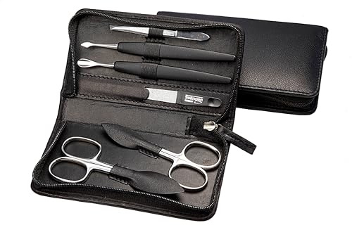Sonnenschein by Hans Kniebes – 6-tlg. Maniküre-Etui – Nagel- & Hautschere, Pinzette, Feile, Drücker, Messer – Nappa-Lammleder schwarz