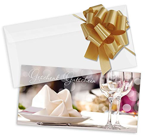 GESCHENKGUTSCHEINcom by POS-HAUER. Gutschein-Set. 25x Gutschein + Kuvert + Schleife. Für Restaurants Gastronomie Gasthof Hotel, blanko zum selber Ausfüllen.