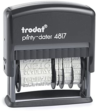 Trodat Printy 4817 Timbro Autoinchiostrante, Datario Formato GG, Mese (3 lettere) e AAAA, Polinomio con 12 Testi in ITALIANO, Cartuccia Nera Inclusa, Dimensione Impronta 50 x 5 mm