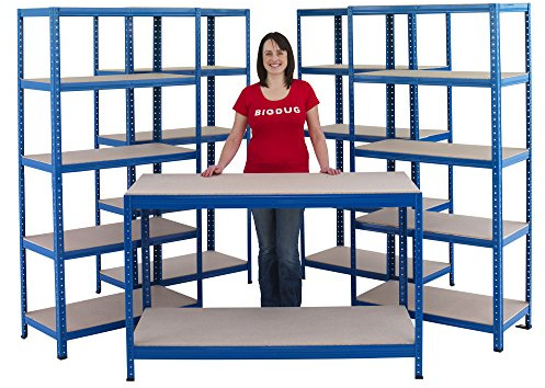 BiGDUG Garage Shelving Units & Workbench Kit | 178cm x 90cm | Includes 4 bays and Workbench (45cm D) Heavy Duty Racking Ideal For Storage. 175kg Shelving Capacity per level