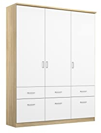 Rauch Möbel Bremen Schrank Drehtürenschrank Kleiderschrank in Weiß-Eiche Sonoma, Holz, mit 6 Schubladen 3-türig, inklusive Zubehörpaket Basic 2 Kleiderstangen, 2 Einlegeböden BxHxT 136x199x58 cm