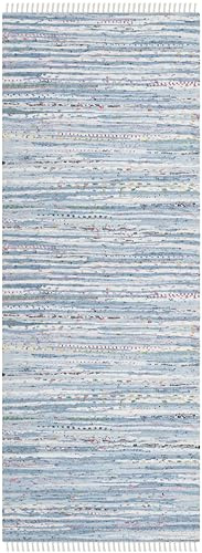 SAFAVIEH Rag Rug Collection Runner Rug - 2'3 x 6', Light Blue & Multi, Handmade Boho Stripe Cotton, Ideal for High Traffic Areas in Living Room, Bedroom (RAR125A)
