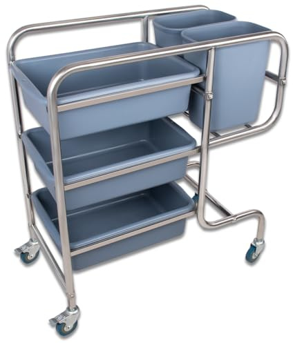 Beeketal 'BHW-5' Edelstahl Reinigungswagen Transportwagen mit Rundrohrgestell inkl. 5 Behälter, geräuscharme kugelgelagerte Vollgummi Rollen (2X bremsbar) - Maße (L/B/H): ca. 805 x 460 x 935 mm