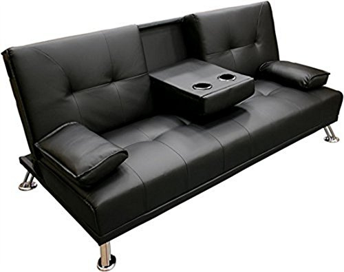 Humza Amani Faux Leather Folding Sofa Bed with Cup Holders – Black Click Clack 3 Seater Sofa Bed for Living Room, Guest Room & Small Spaces – Chrome Legs & Removable Armrests