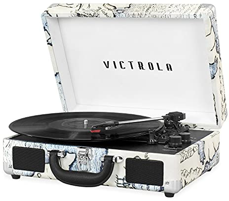 Victrola Journey Bluetooth Portable Suitcase Record Player – with Built-in Speakers, 3 Speed Vinyl Record Player, RCA Out, Headphone Jack (Retro Map)