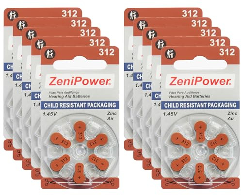 Zenipower Zinc-Air Lot de 60 piles boutons pour appareils auditifs Taille 312