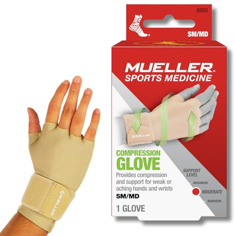 MUELLER Sports Medicine Compression Glove for Men and Women, Hand & Wrist Pain Relief Support, Ideal for Carpal Tunnel, Arthritis, Fits Right or Left, Beige, Small/Medium