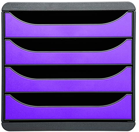 Exacompta – Ref 310720D – BIG-BOX skrivbordslåda set – 4 x 55 mm lådor, lämplig för A4+ dokument, 347 x 278 x 267 mm, 100% återvunnen plast – svart/lila